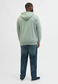 Lichtgroene hoodie met een trekkoord en een kangoeroezak, gecombineerd met donkere spijkerbroek en zwarte sneakers. Gezien vanuit de achterkant.