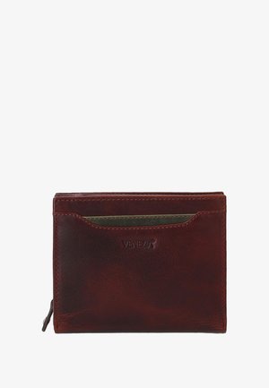 Bruine lederen portemonnee met groene binnenkant, voorzien van een voorvak en een geperst "VENEZA" logo, met een gladde textuur en een slanke rechthoekige vorm.