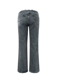 Hallide denim flared teksad, millel on toorikäärid, kaks tagakotti ja pleekinud tekstuur. Need on kõrgema vöökohtaga ja kogu ulatuses vabad.