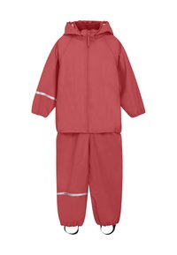 Rode waterdichte tweedelige buitenoutfit, met een capuchon, elastische manchetten en reflecterende accenten op de mouwen en broek. Lichtgewicht stof.