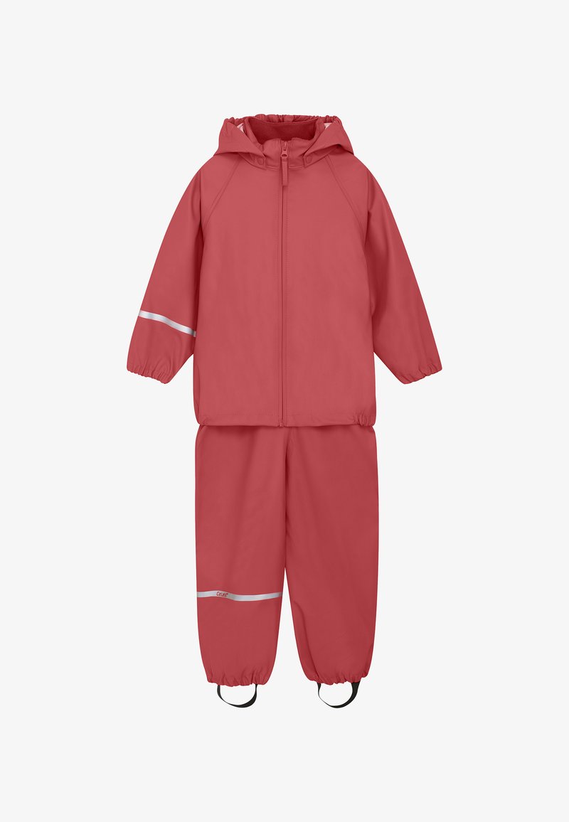 Roter wasserdichter Zweiteiler für draußen, mit Kapuze, elastischen Bündchen und reflektierenden Akzenten an Ärmeln und Hosen. Leichtes Material.