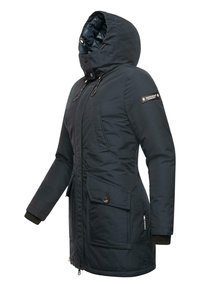 Navy blue insulated parka with a drawstring hood, two front pockets, ribbed cuffs, and a side zip pocket. Features subtle branding accents.