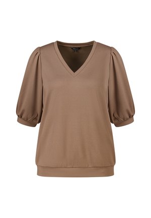 Taupekleurige gebreide blouse met textuur, V-hals, opgeblazen halve mouwen met gerimpelde manchetten en een geribbelde zoom in medium maat.