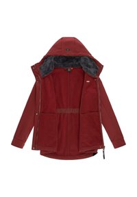 Rode, zip-up jas met capuchon, voorzien van een grijze pluizige voering en twee voorkruimen. Glad buitenmateriaal en fleece binnenvoering.