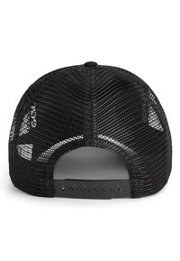 Schwarze Netz-Trucker-Cap mit solidem Rücken und verstellbarem Snap-Verschluss. Sie hat eine abgerundete Form und eine ausgeprägte atmungsaktive Textur.