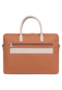 Bruine synthetische tas met crèmekleurige leren accenten, dubbele handvatten, een ritssluitingsvak aan de voorkant en een gladde, gestructureerde oppervlakte.