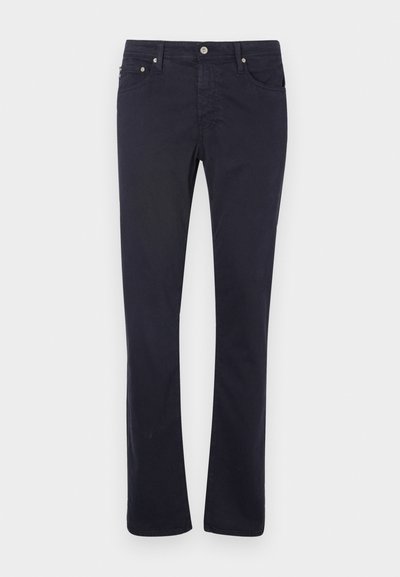 Ναυτικό μπλε βαμβακερό παντελόνι με ίσια γραμμή, διαθέτοντας μπροστινές τσέπες, φερμουάρ και μεταλλικές λεπτομέρειες.