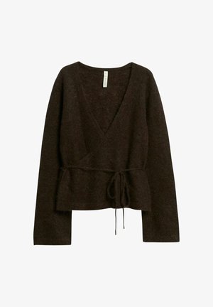 Dark brown long-sleeve wrap sweater with V-neck and waist tie, made from soft, fuzzy fabric.