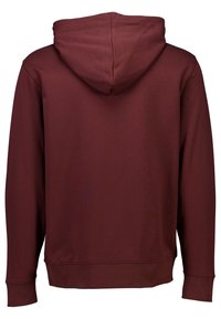 Felpa color bordeaux realizzata in un tessuto morbido, con un ampio cappuccio, maniche lunghe e polsini e orlo a coste. Nessun logo o motivo visibile.