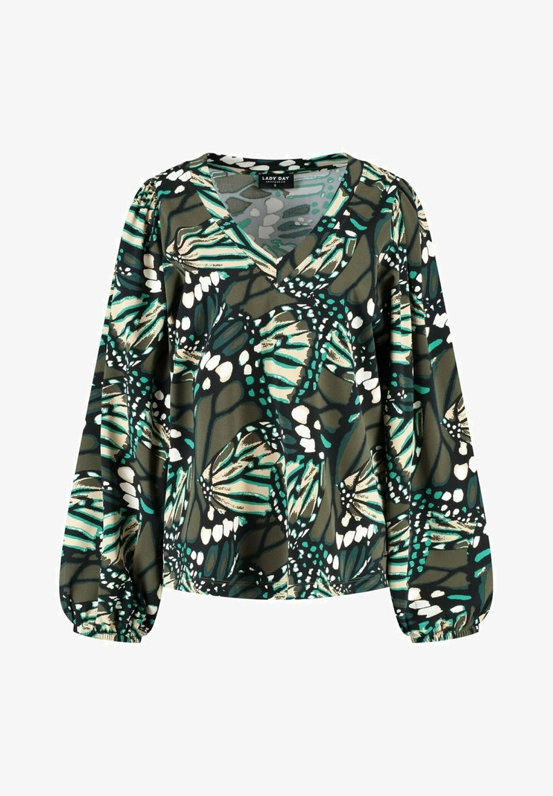 Langarm blouse van donkergroene stof met een v-hals, voorzien van een vlinderpatroon in teal, wit en zwart. Gathering aan de mouwen en een ontspannen pasvorm.
