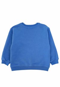 Niebieski sweatshirt wykonany z fakturowanej tkaniny. Posiada okrągły dekolt, długie rękawy oraz elastyczne mankiety, a także luźny krój.