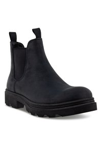 Bottines Chelsea noires en matériau synthétique texturé, avec des panneaux latéraux élastiques, un bout arrondi et une semelle en caoutchouc épaisse et à motifs.