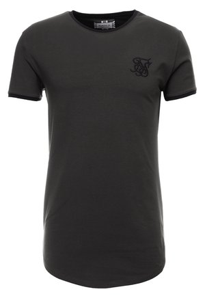 Mørkegrå T-shirt med korte ærmer og rund halsudskæring, med et lille sort broderet logo på brystet og en buet kant.