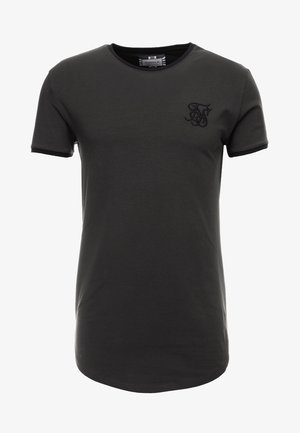 Dunkelgraues T-Shirt mit kurzen Ärmeln und Rundhalsausschnitt, mit einem kleinen schwarzen gestickten Logo auf der Brust und einem abgerundeten Saum.