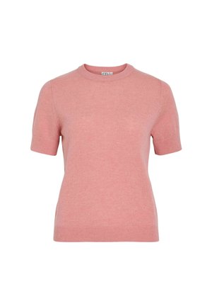 Maglione a maniche corte di maglia rosa con scollo a girocollo e polsini e orlo a coste, esposto su sfondo bianco.