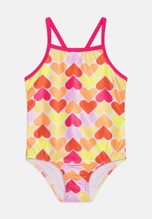 Bañador con estampado de corazones en tonos de rosa, naranja y amarillo. Fabricado en tela elástica y suave con tirantes delgados.