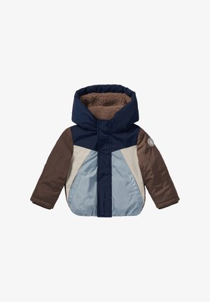 Gepolsterte Kapuzenjacke mit Farbabstufung in Marineblau, Braun, Blau und Creme. Weiche braune Innenausstattung mit zwei Fronttaschen und elastischen Bündchen.