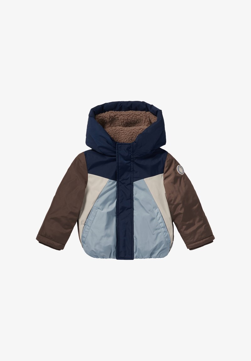 Gepolsterte Kapuzenjacke mit Farbabstufung in Marineblau, Braun, Blau und Creme. Weiche braune Innenausstattung mit zwei Fronttaschen und elastischen Bündchen.