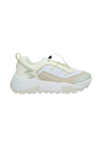Lightweight, beige and white athletic shoe with mesh panels, lace system, and rubber sole. Features a logo on the side and angular designs.