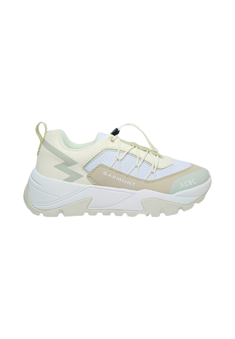 Lightweight, beige and white athletic shoe with mesh panels, lace system, and rubber sole. Features a logo on the side and angular designs.