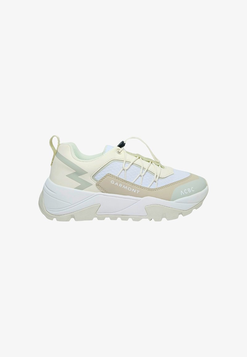 Lichte, beige en witte sport- schoenen met meshpanelen, vetersysteem en rubberen zool. Bevat een logo aan de zijkant en hoekige ontwerpen.