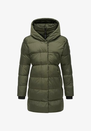 Olivgrüner, gefütterter Mantel mit Kapuze, mit einem Reißverschluss, langen Ärmeln, gerippten Bündchen und einer gesteppten Textur.