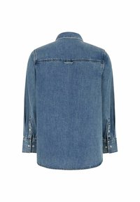 Šviesiai mėlyna džinsinė marškinė, su ilgomis rankovėmis ir mygtukų antkakliais, standartiniu apykakle ir tiesiu kirpimu be matomų raštų.