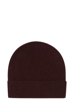 Berretto lavorato a maglia in bordeaux con bordo a costine. Texture morbida, parte superiore arrotondata e design senza cuciture. Adatto per un abbigliamento informale nelle giornate più fredde.
