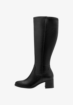 Botte noire montant en cuir lisse. Présente un bout arrondi, un talon bloc, des coutures discrètes et un design élégant et ajusté.