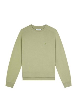 Felpa verde chiaro con collo rotondo, realizzata in tessuto morbido con maniche lunghe, polsini e orlo a coste, con un piccolo logo sul petto.