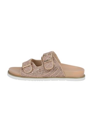 Sandaler med åben tå med to justerbare spænder, dekoreret med pink rhinsten og en polstret beige sål.
