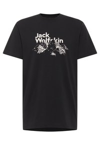 Schwarzes Baumwoll-T-Shirt mit einem weißen Berg-Graphic und dem Text "Jack Wolfskin" auf der Vorderseite. Mit kurzen Ärmeln und Rundhalsausschnitt.