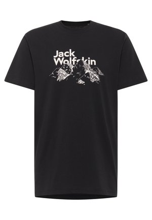Zwarte katoen t-shirt met een witte bergafbeelding en "Jack Wolfskin" tekst op de voorkant. Korte mouwen en ronde hals.