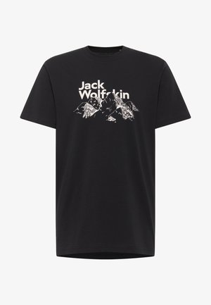 Zwarte katoen t-shirt met een witte bergafbeelding en "Jack Wolfskin" tekst op de voorkant. Korte mouwen en ronde hals.