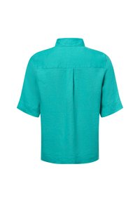Korte mouw shirt in levendig turquoise, gemaakt van lichtgewicht stof. Heeft een rugplooien en een klassiek kraagontwerp. Schoon, eenvoudig stijl.