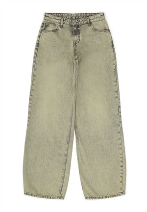 Helle grüne Wide-Leg-Jeans aus Denim mit hoher Taille, leichtem Verblassen und subtilen Stitching-Details. Verfügt über fünf Taschen und einen Metallknopfverschluss.