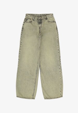 Helle grüne Wide-Leg-Jeans aus Denim mit hoher Taille, leichtem Verblassen und subtilen Stitching-Details. Verfügt über fünf Taschen und einen Metallknopfverschluss.