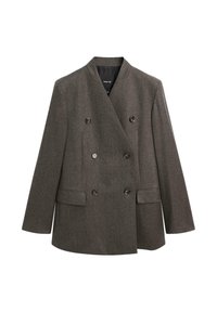 Dwurzędowa, szara wełniana marynarka z klapami, z dekoracyjnymi guzikami i dwoma przednimi kieszeniami, charakteryzująca się prostym krojem i gładką teksturą.