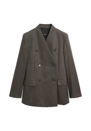 Grau melierter, doppelt geknöpfter Wollblazer mit Reverskragen, Knopfakzenten und zwei vorderen Taschen, mit geradem Schnitt und glatter Textur.