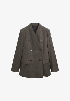 Dwurzędowa, szara wełniana marynarka z klapami, z dekoracyjnymi guzikami i dwoma przednimi kieszeniami, charakteryzująca się prostym krojem i gładką teksturą.