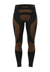 Black athletic leggings featuring orange pattern accents, striped designs, and a form-fitting shape. Made from stretchy, moisture-wicking material.