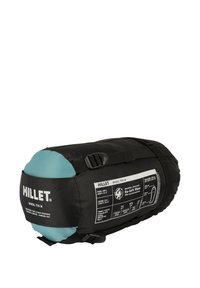 Sac de couchage noir avec des accents turquoise, sangles ajustables et une étiquette détaillant les matériaux et spécifications. Forme cylindrique, design compact.