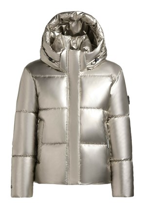 Metallic sølv pufferjakke med høj krave, vandret quiltet mønster, frontlynlås og sidelommer. Glat, blank overflade.