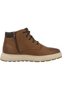 Braune Leder-Stiefeletten mit seitlichem Reißverschluss, runder Zehenpartie, Schnürung vorne und strukturiertem Gummisohle in kontrastierendem Cremeton.