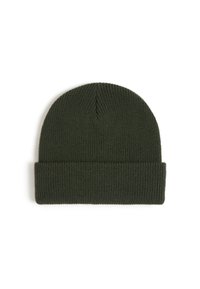 Knit beanie in dark green, features a rolled cuff and ribbed texture. Simple design with a smooth finish and no additional accents.