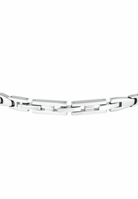 Bracciale in metallo argentato caratterizzato da una serie di anelli rettangolari intrecciati con una finitura lucida. Incisione del marchio ben visibile.