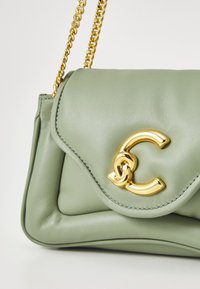 Grüne Lederhandtasche mit einem gesteppten Design, ausgestattet mit einem goldenen Kettenriemen und einem markanten goldenen Logo-Verschluss. Glatte Textur.