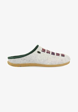 Zapatilla de casa gris con detalles en verde, suela acolchada y texto bordado. Diseño de talón cerrado para poner y quitar fácilmente.