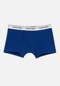 Blauwe katoenen boxer briefs met een witte elastische tailleband waarop zwarte "Calvin Klein" logo-tekst staat, ontworpen met een gecontoureerde zak.