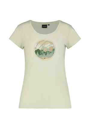 Light green t-shirt with short sleeves, rounded neckline, and circular graphic featuring roller coasters and mountains in shades of green and beige.